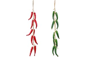Emivery 2Pcs Artificial Hanging Pepper String, Simulation Hot Chili and Green Pepper Skewers Lifelike Fake Vegetable Fruit Garland Pepper Vine for Home Kitchen Farm Party Wall Decor
