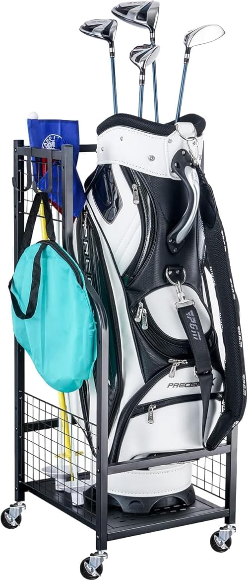 Mythinglogic Golf Storage Rack, golf Organiser with Wheels, Golf Club Organisers Extra Large Design for Golf Bag Storage and Other golf Club Accessories
