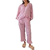 Argeousgor Women 2 Piece Plaid Pajamas Set Y2k Puff Sleeve Peplum Babydoll Shirt Ruffle Hem Pants Gingham Lounge Set
