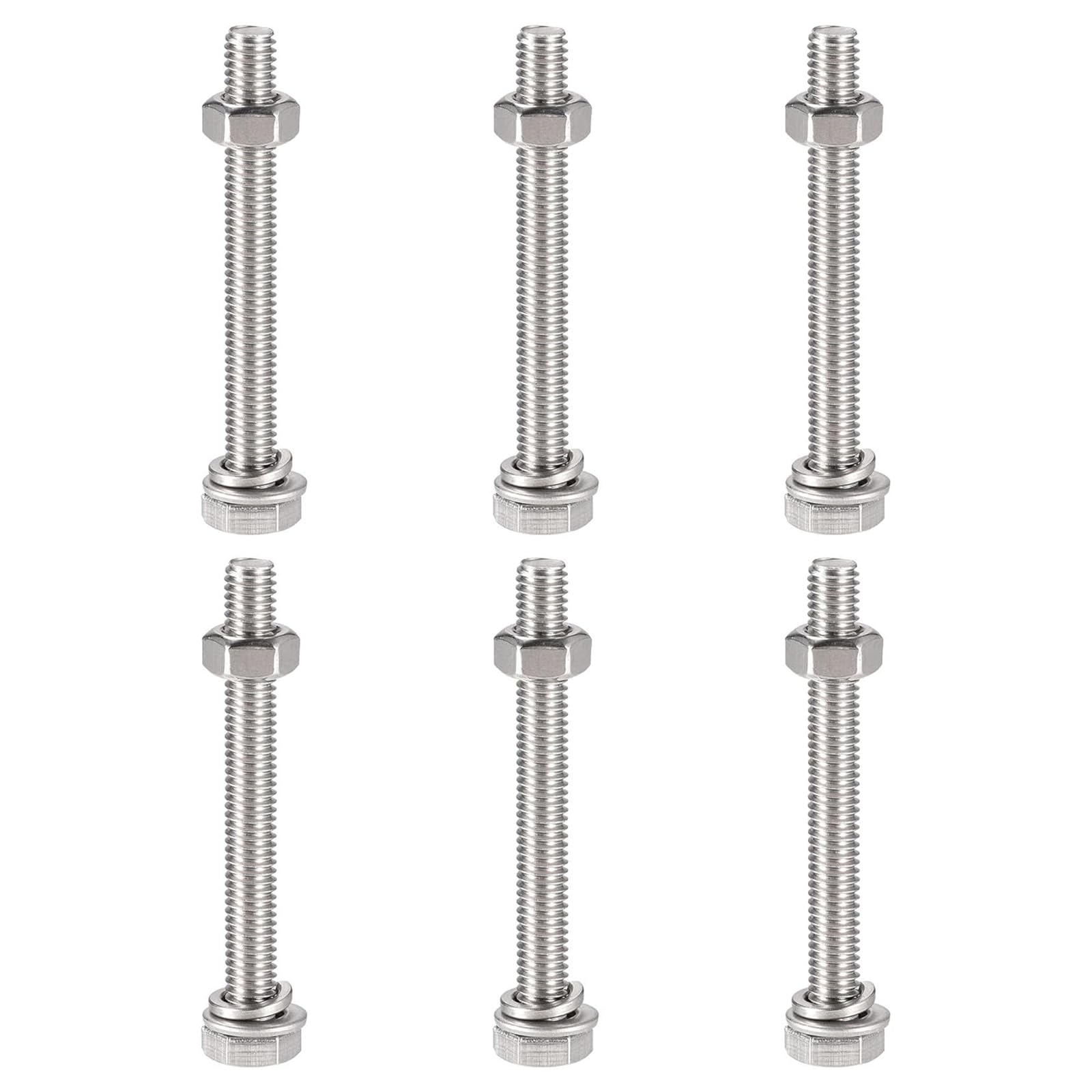 Boxonly M6x60mm Hex Head Screws Bolts, Nuts, Flat & Lock Washers Kits, 304 Stainless Steel Fully Thread Hexagon Bolts 6 Sets