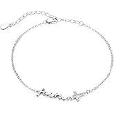 TRISHULA Faith Cross Bracelet, 925 Sterling Silver Adjustable Anklet Bracelet/Angel Wing Religious Jewelry Foot Chain Gift for Women Graduation
