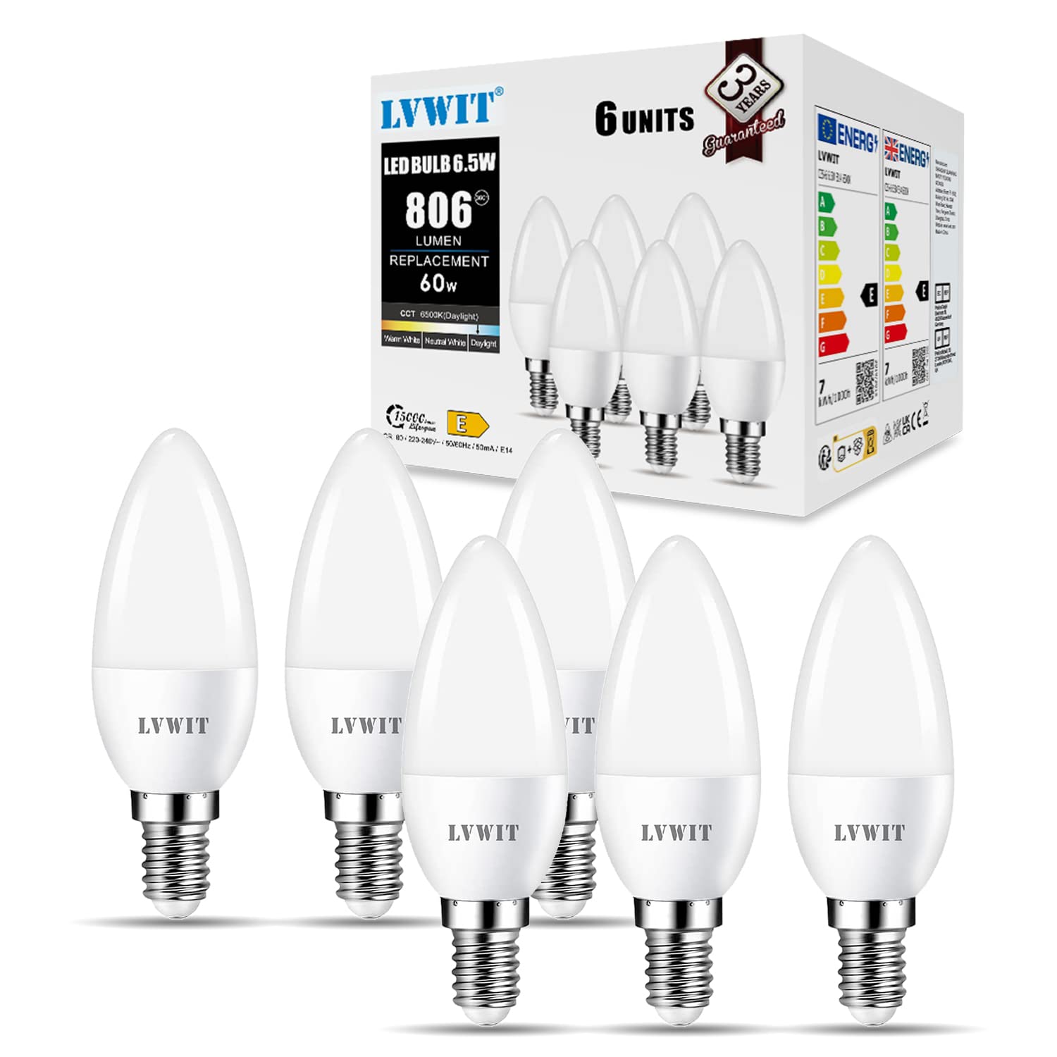 LVWIT Daylight E14 LED Candle Light Bulbs,Candle Bulb Small Screw,6.5W,6500K Cool White SES Candle Light Bulb 60W Incandescent Equivalent,806LM,240 Degree Beam Angle,Not-Dimmable（Pack of 6）