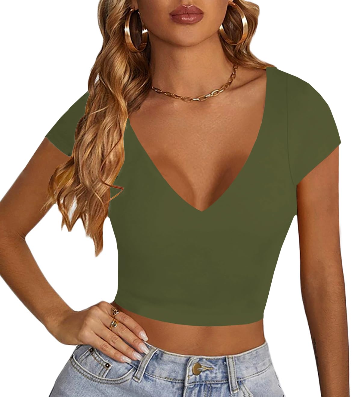 LYANER Women's Crop Tops V Neck Short Sleeve Summer