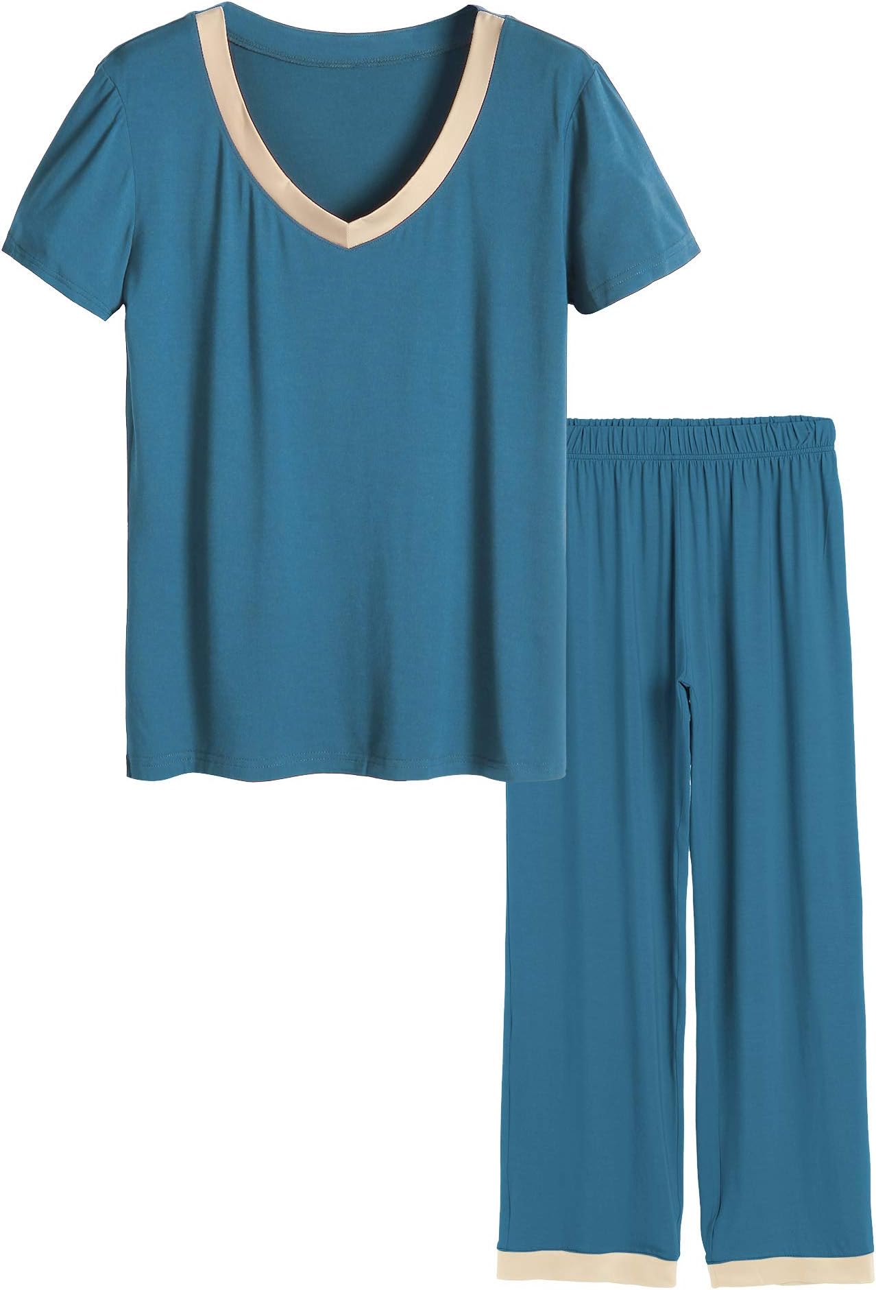Women's V-neck Sleepwear Short Sleeves Top with Pants Pajama Set