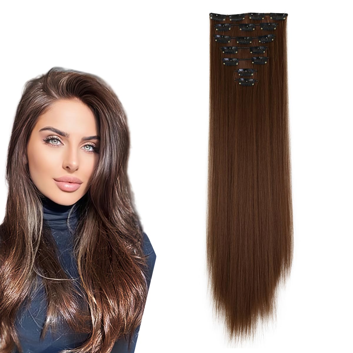 prinfantasy Hair Extensions Brown Long Straight Full Head Clip in Hair Extension Hairpieces for Lady Fashion Hairpiece, MW153 — image 1