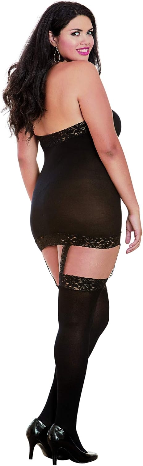 Dreamgirl Women's Plus Size Semi-Sheer Halter Garter Dress with Thigh High Stockings, Black, O/SQ: Clothing
