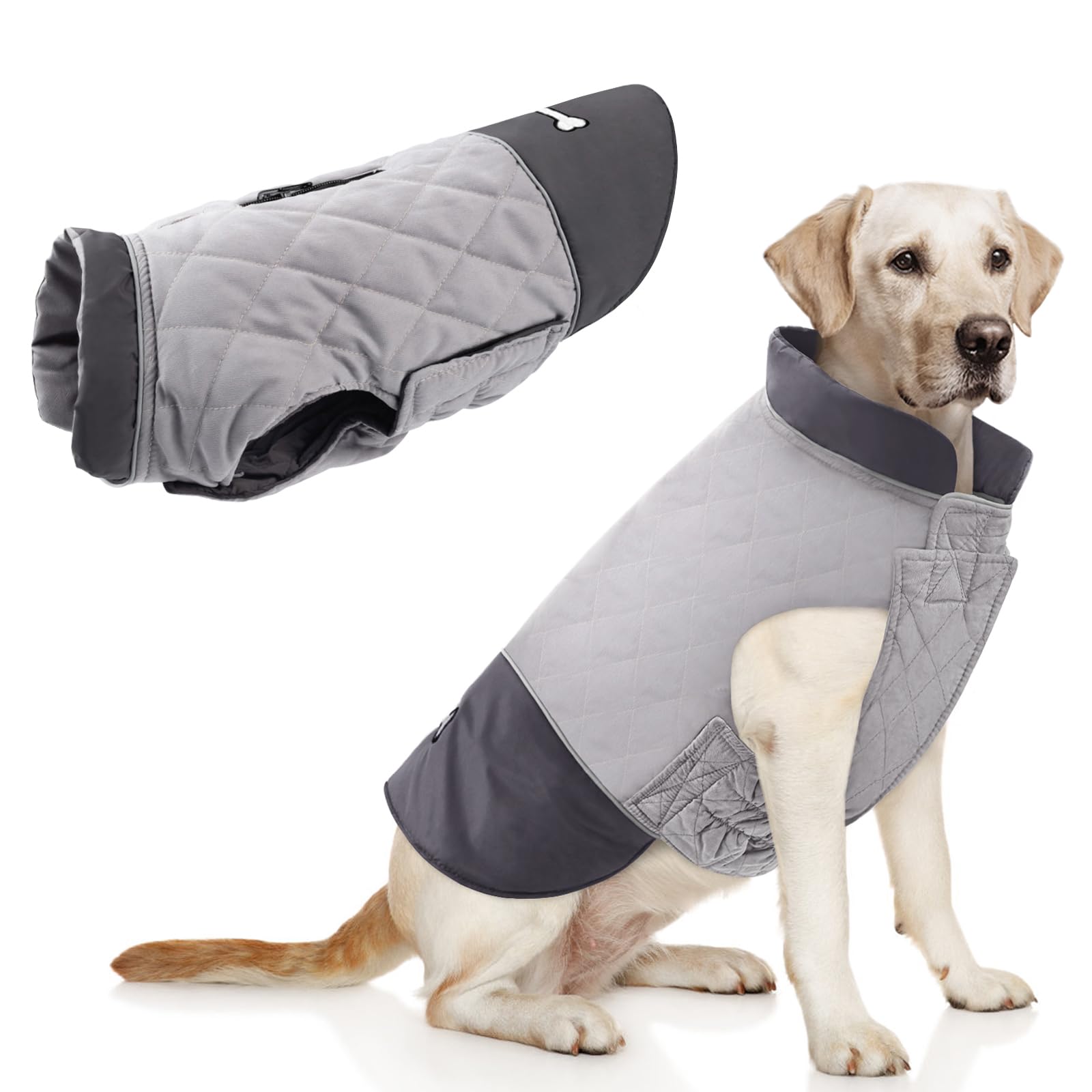 Idepet Waterproof Dog Coat Winter Warm Jacket Vest,Windproof Snowsuit Dog Clothes Outfit Vest Pets Apparel for Small Medium Large Dogs with Harness Hole Grey 3XL