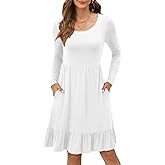 LILBETTER Women Casual Long Sleeve Knee Length Dresses Round Neck Pleated Fall Dress with Pockets 2024