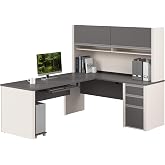 Bestar Connexion L Shaped Desk with Hutch and Pedestal in Slate and Sandstone, 72W | Large Corner Table for Home Office Workspace or Personal Work Area