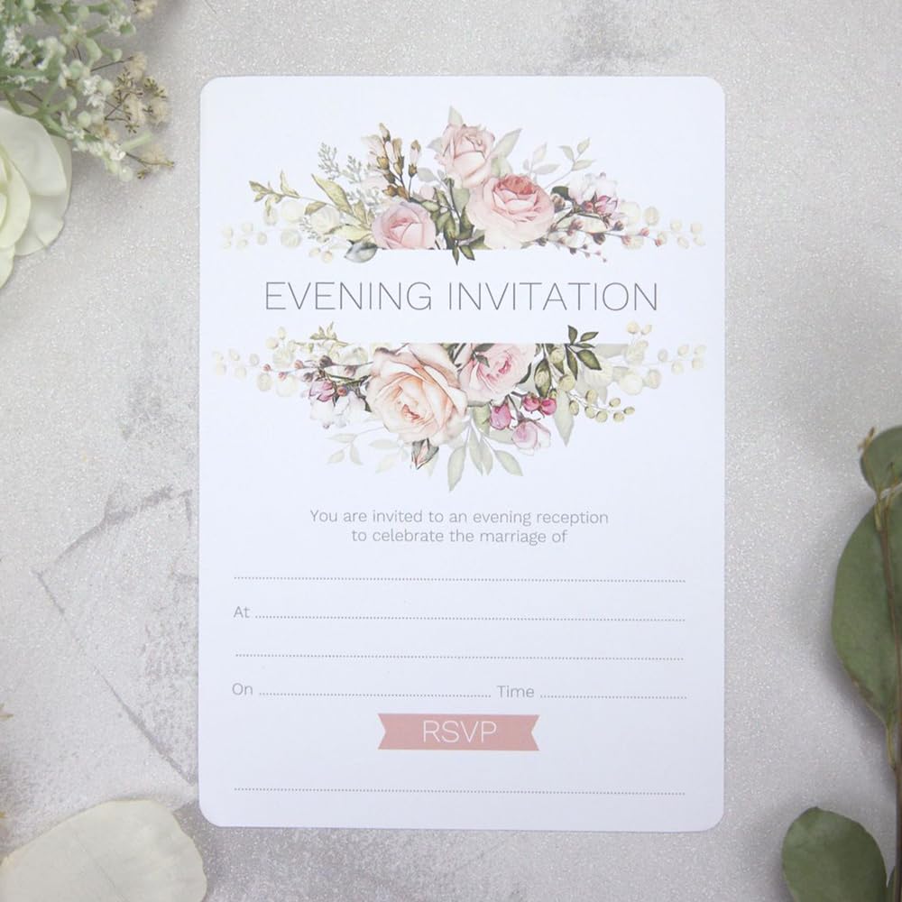 Dotty about Paper Pink Roses & Greenery - Premium Evening Invitations - Pack of 10. Floral, Greenery, Foliage, Elegant. Pefect For Friends and Family. Envelopes Included (16 0011)