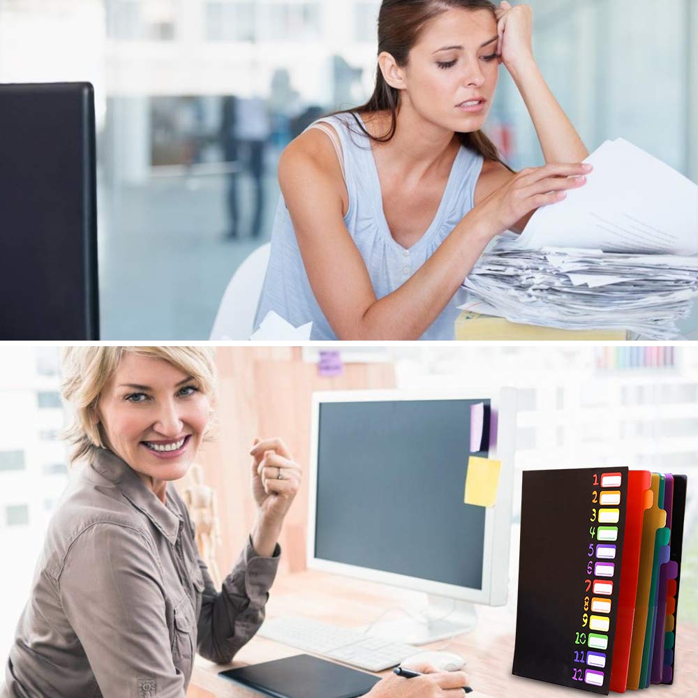 12 Pockets Expanding File Folder, A4 Letter Size Expandable File Organizer Hold 120 Sheets Portable Document Holder with File Labels for Office School Home (12 Pockets, Black)