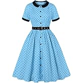 Wellwits Women’s Pleated Detail Button Down Polka Dots Vintage Tea Dress