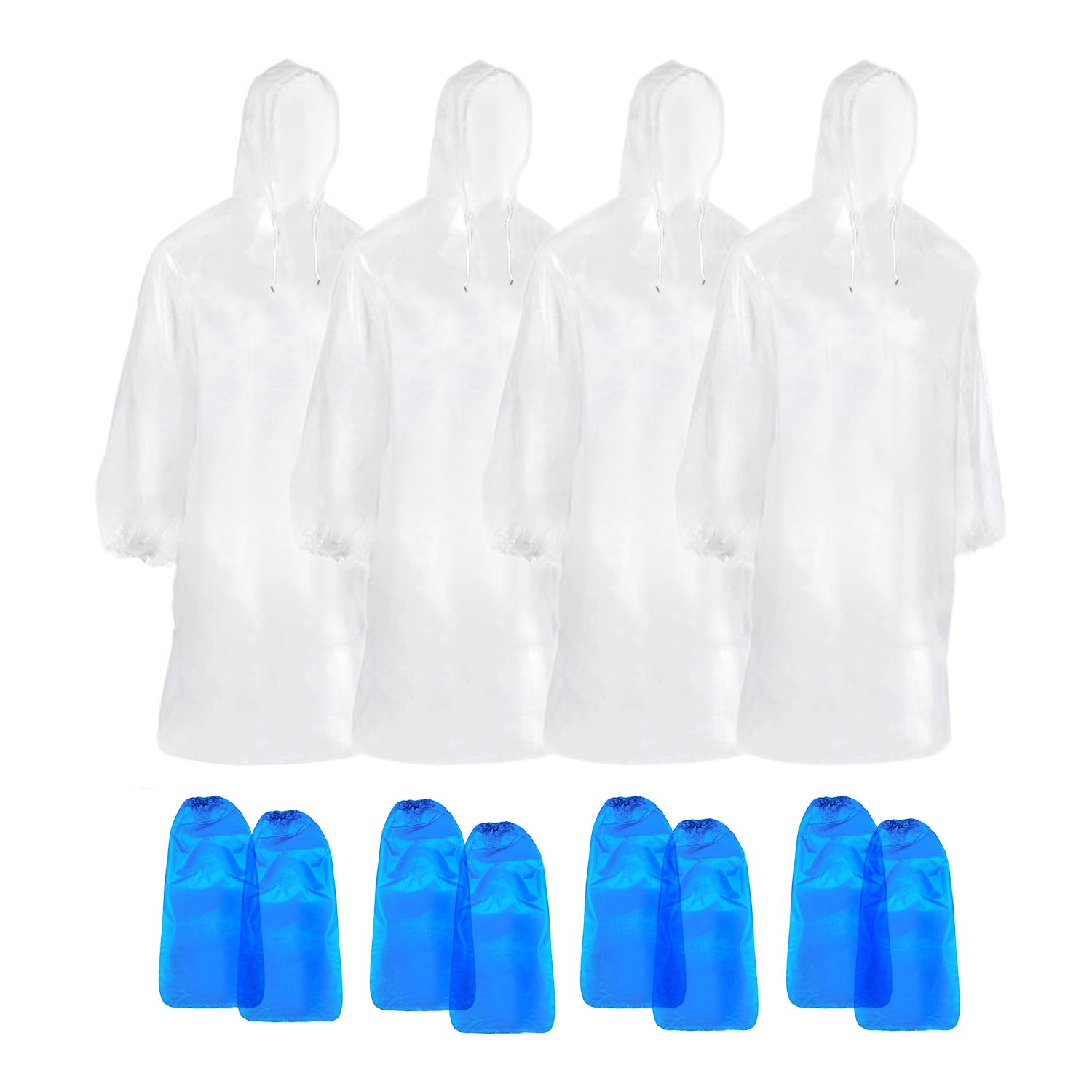 QEEQPF 4 Pcs Disposable Rain Ponchos, Emergency Raincoats Waterproof Ponchos Transparent Lightweight Rain Coats with Drawstring Hood, Light Weight Rain with Hood Women Men,with 4 Pairs of Shoecovers