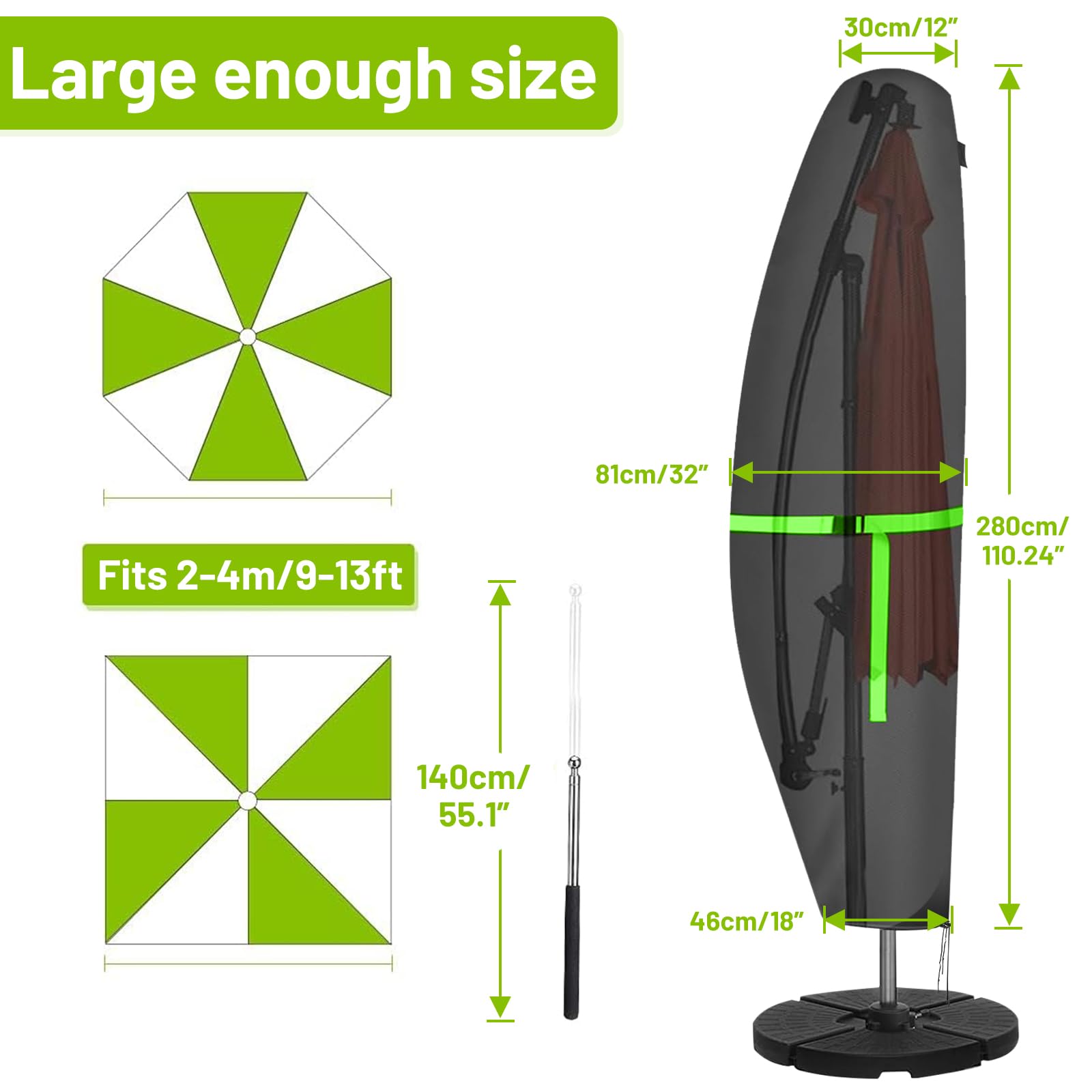 GEMITTO Sonnenschirm Schutzhülle mit Stab, Ampelschirm Schutzhülle Wasserdicht 280x30x81/46cm Outdoor Sonnenschirm Abdeckung für 2 bis 4m Schirme, 420D Wetterfest Sonnenschutz Winddicht Schirmhülle 2