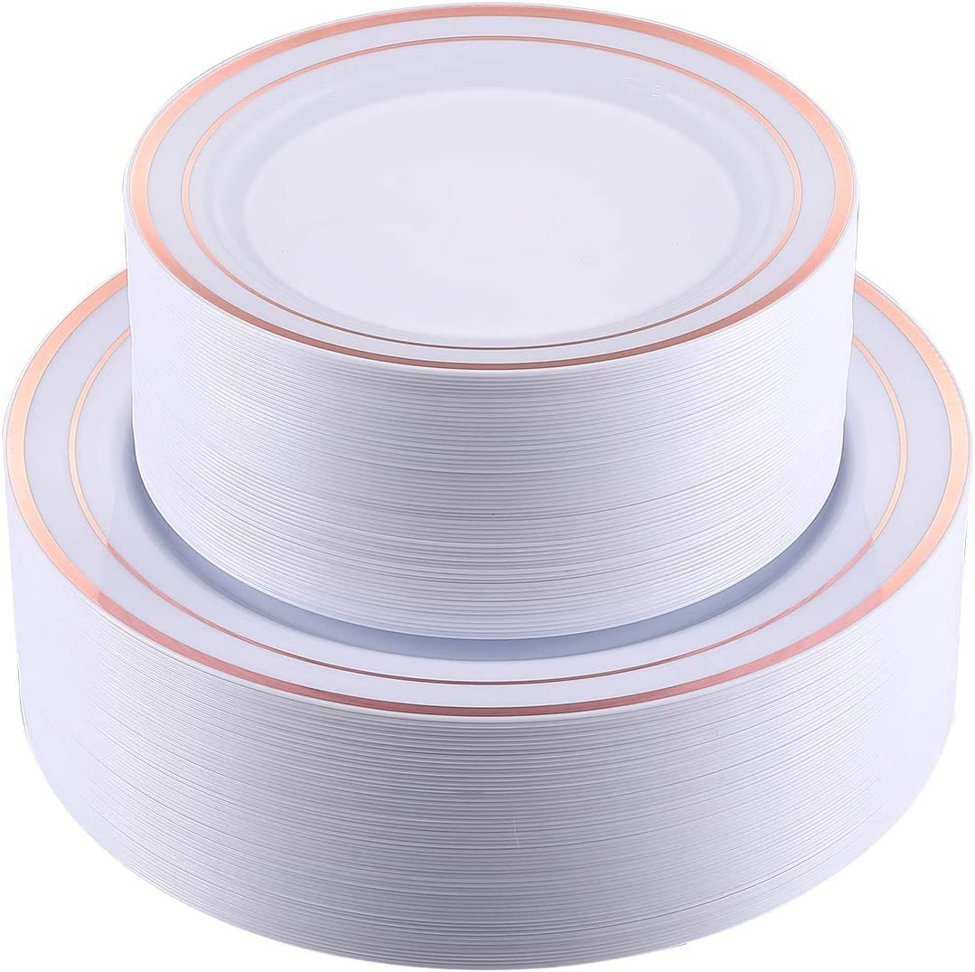 LATERN 60Pcs Rose Gold Plastic Dinnerware Set, 30Pcs 26cm Dinner Plates + 30Pcs 19cm Salad Plates, Reusable Plastic Plates for 30 Guests Wedding Anniversary Garden Dessert Party