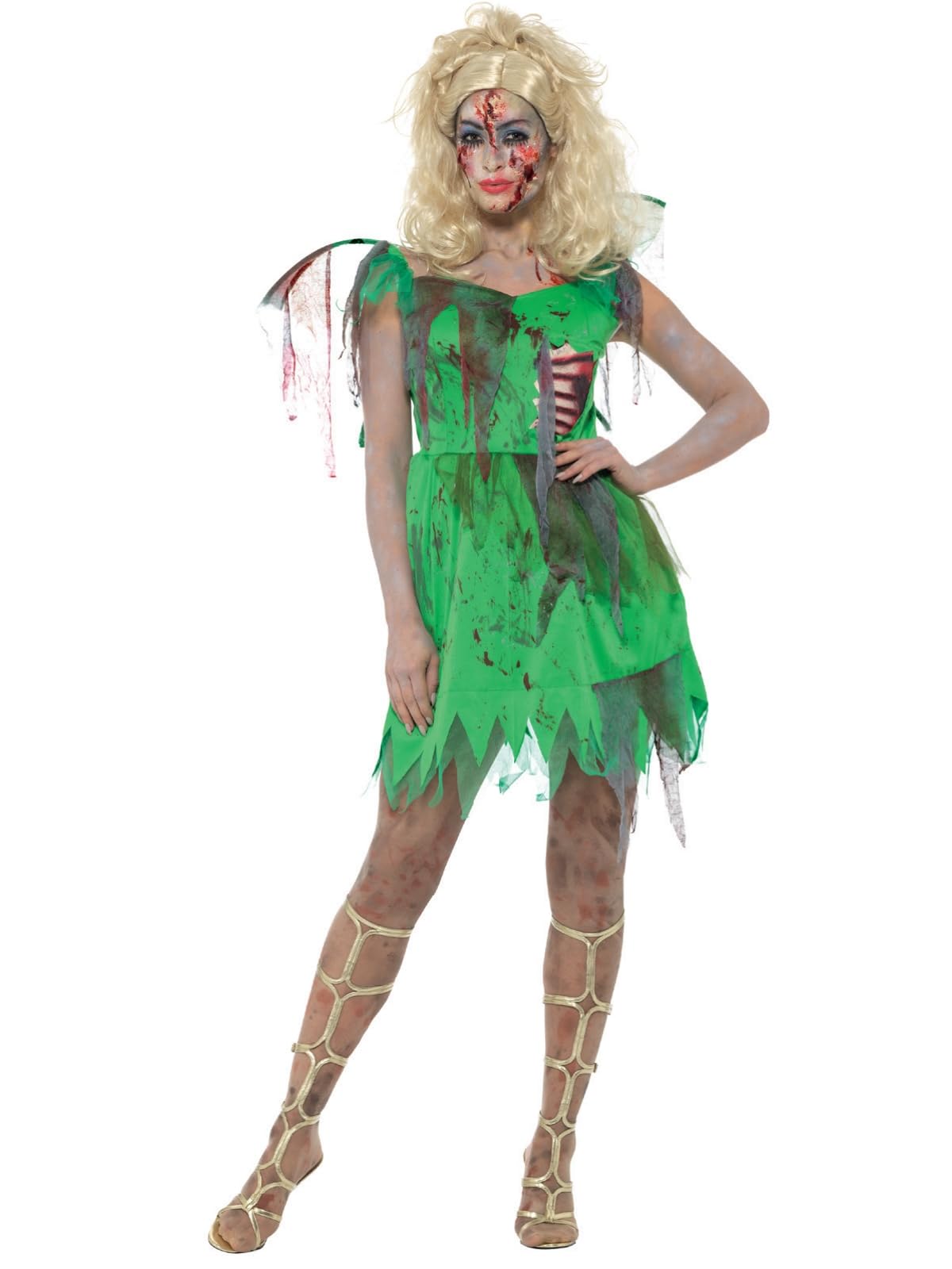 Smiffys Zombie Fairy Costume, Green with Dress, Attached Latex Ribs & Wings, Halloween Zombie Alley Fancy Dress, Fairy Dress Up Costumes