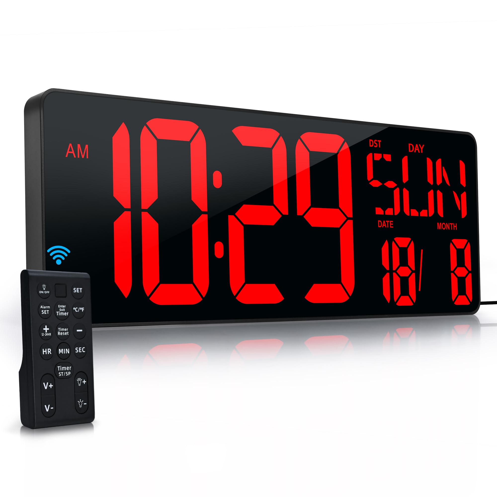 KRSTIR Large Digital Wall Clock with Remote Control 17.2" LED Large Display Timer with Temperature Date Week Auto DST Adjustable Brightness, Big Wall Alarm Clock for Living Room Office
