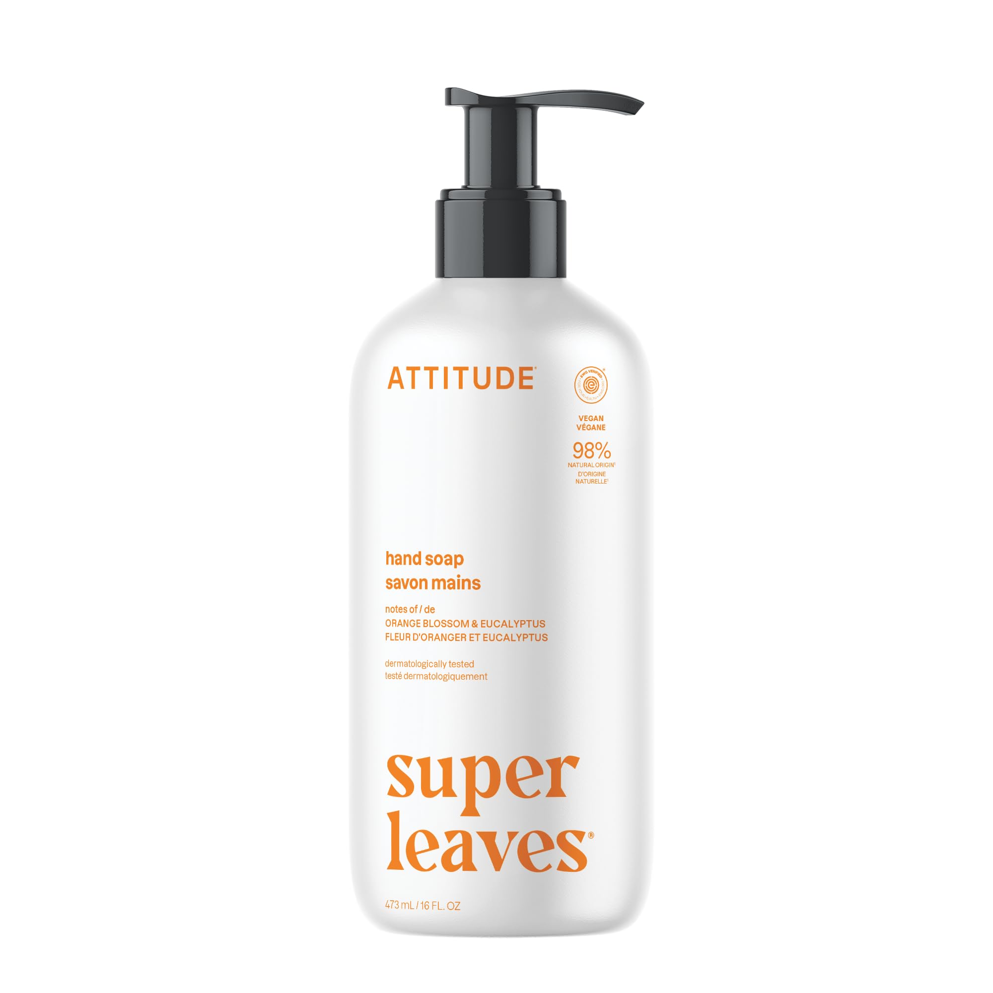ATTITUDE Liquid Hand Soap, EWG Verified, Plant and Mineral-Based, Vegan Personal Care Products, Orange Blossom & Eucalyptus Scent, 473 mL