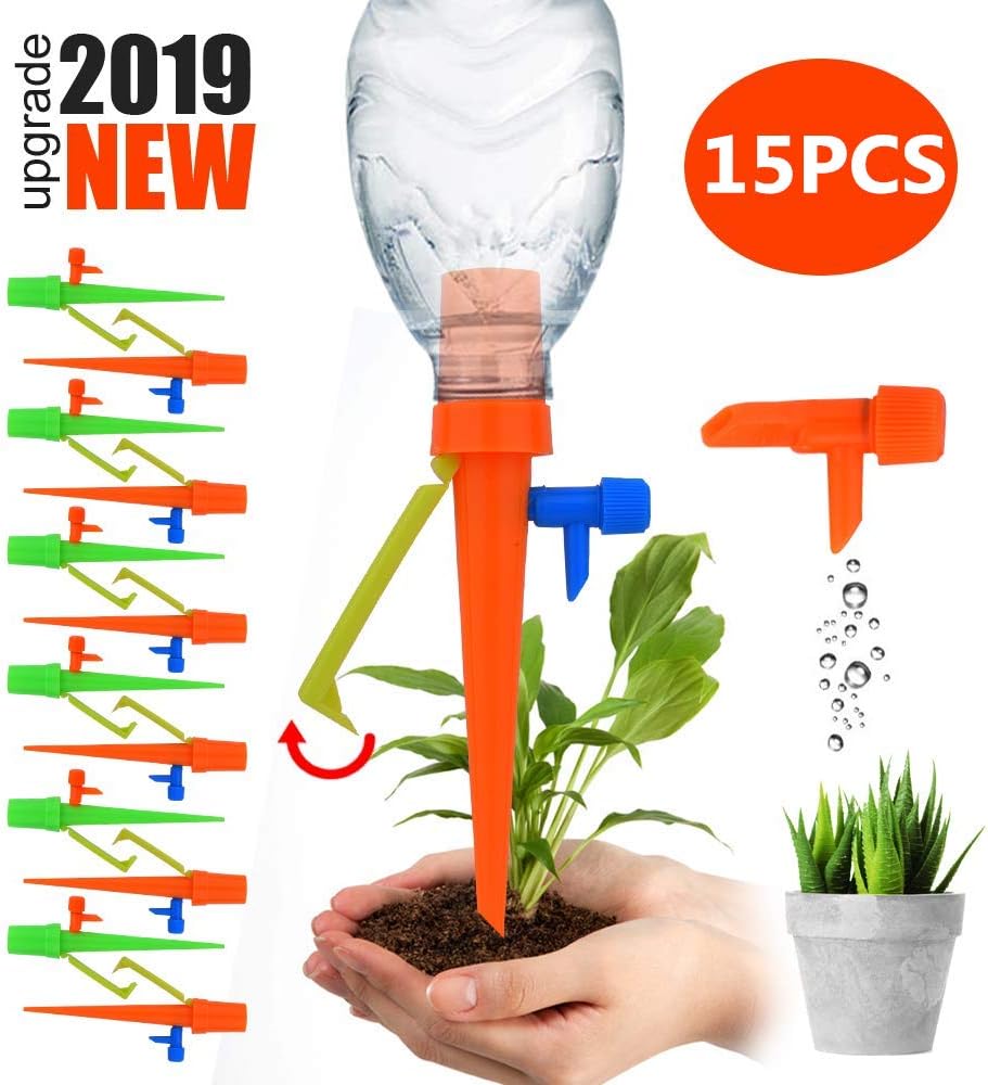 HUG GREEN 15 Pack/Set Plant Self Watering Spikes Devices with Slow Release Control Valve Switch Automatic Irrigation Watering Drip for Outdoor Indoor Potted Plants Flower Vegetables