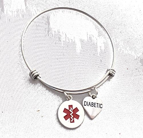 Diabetic Heart Medical Alert Bangle Bracelet, 70mm Steel Bangle emergency health charm bracelet