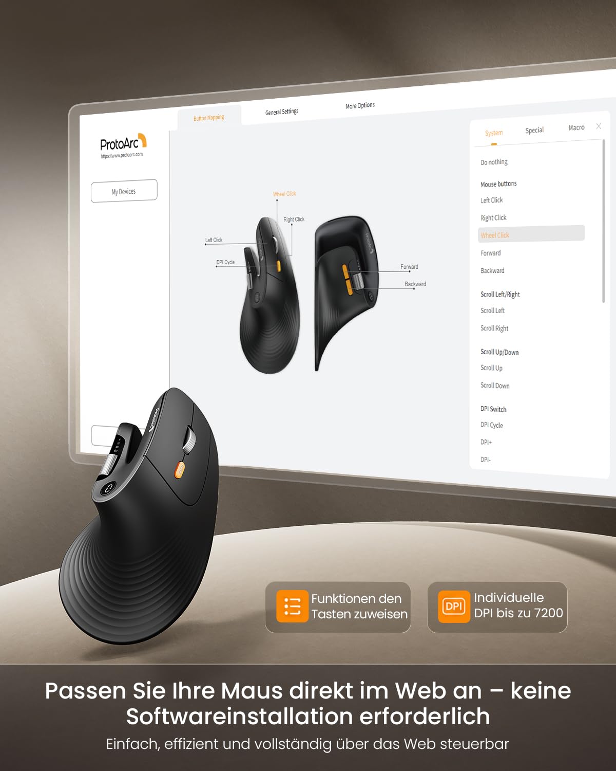 ProtoArc EM11 Pro Ergonomische Vertikale Maus mit Seitenscroll, Anpassbare Tasten, 2*Bluetooth + 2,4G Kabellos, Wiederaufladbar, Vertikal Funkmaus für Büro PC/Mac/Windows/Linux 5