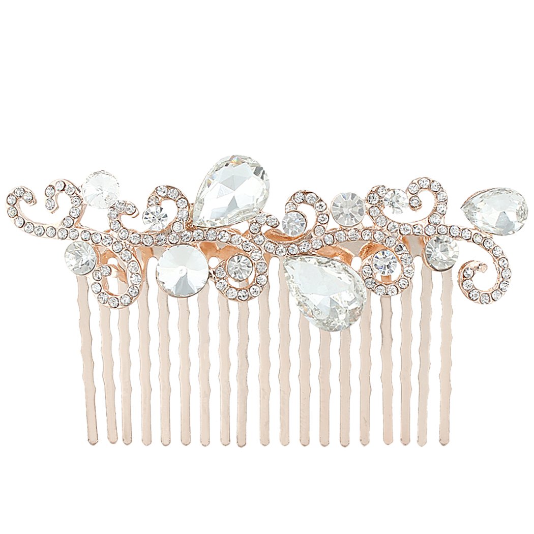 EVER FAITH Women's Rhinestone Crystal Floral Leaf Wave Teardrop Bridal Hair Comb Clear Rose Gold-Tone