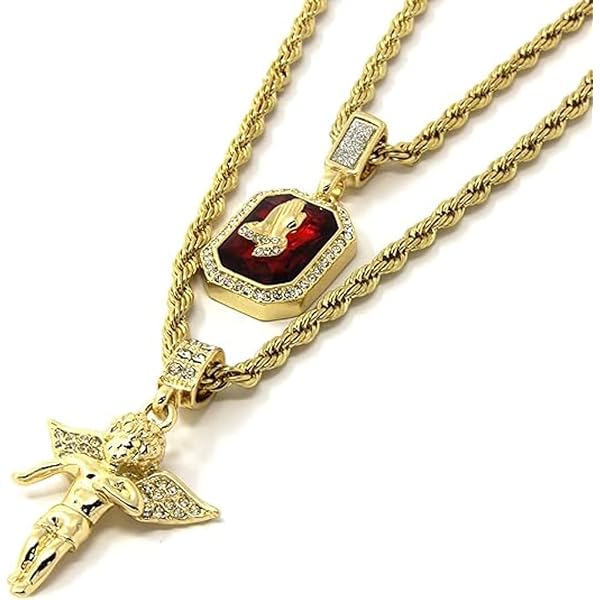 Jewel Town Mens Gold Angel & P Ruby Bundle Set Cz Pendant Hip Hop