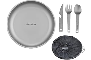 Aomiun Titanium Plate with 3 PCS Fork Spoon 8.6 Inches Camping Tableware Plate Ultra-Light Dining Set for Outdoor Camping BBQ