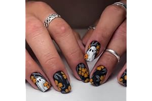 OCOUYVD Halloween Yellow Flowers Press on Nails Short Square Fake Nails with Cute Little Ghost Designs Black Matte Artificial Nails Full Cover Stick on Nails Halloween Glue on Nails for Women Nail Art DIY