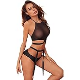 RNHGBB Sexy Lingerie Sets for Women Naughty Outfits, Halter Top Bra and Garter Panty Valentines Day Lingerie Set, Black, Onesize 2-8