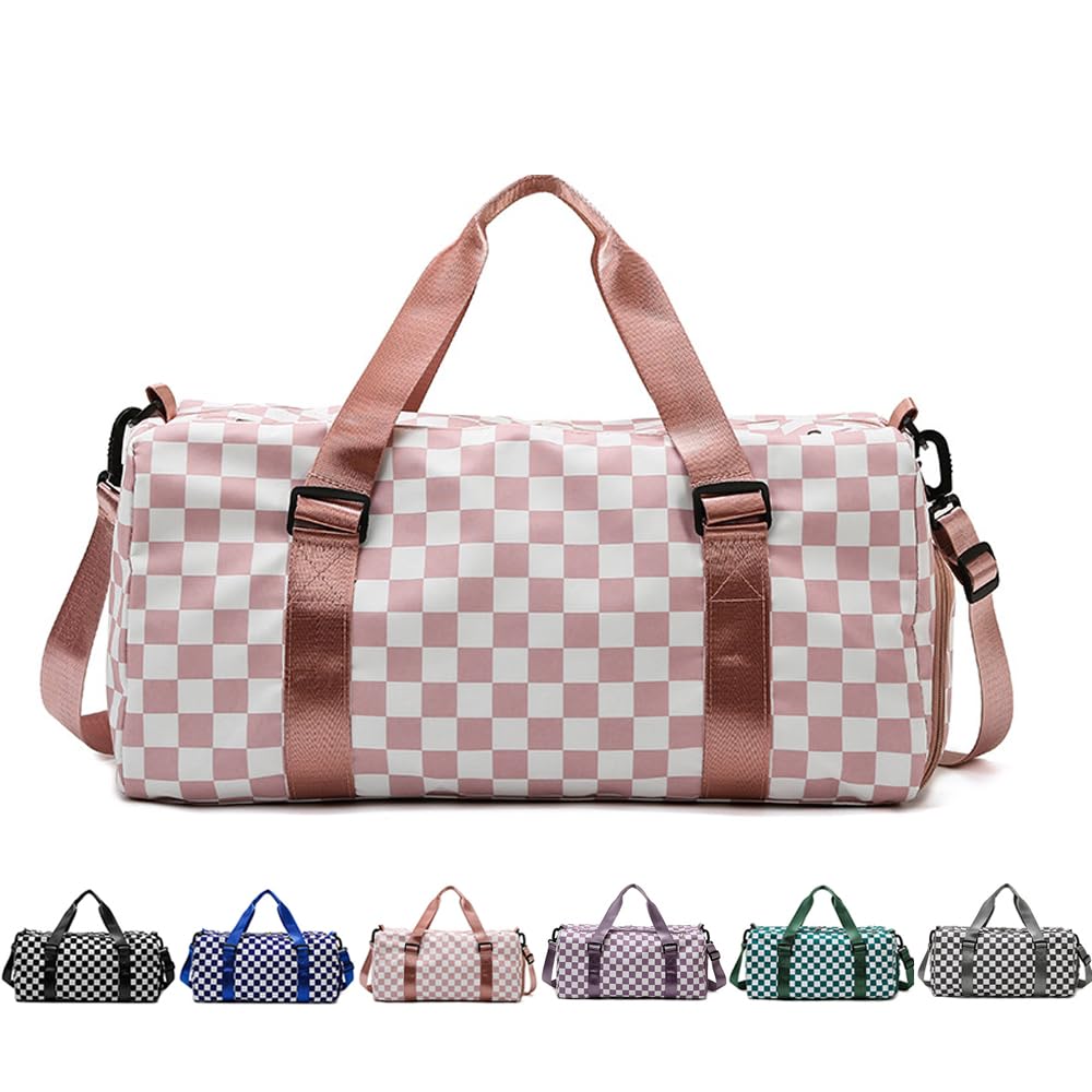 Checkered Sports Duffel Bags for Women/Men, Gym Bag with Shoes Compartment & Wet Pocket, Dance Bag for Girls,Traveling Overnight Bag Weekender Bag (Pink)