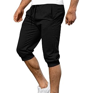 Men's 3/4 Capri Joggers Tapered Running Gym Training Long Shorts Cotton Below Knee Workout Capris Sweatpants with Pockets