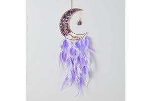 PRETTY JOLLY Gemstone Moon Dream Catcher Tree of Life Dream Catcher with Healing Amethyst Handmade Purple White Feather Dreamcatcher Wall Decor for Adults Boys Girls,Bedroom,Wedding,Garden,Bless Gift