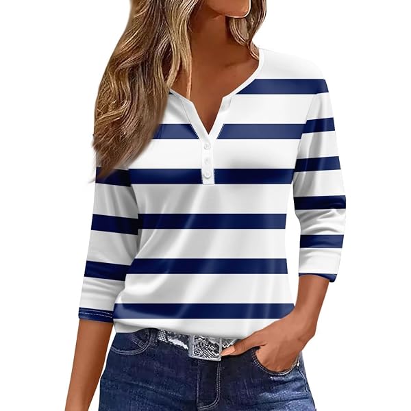 Women's Short Sleeve Color Block Striped Tee - Casual Loose Blouse Top (Dark Blue, Small) - View #5