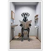 Funny Bathroom Canvas Wall Art Great Dane Reading The Newspaper Poster Trendy Whimsical Animal Lovers Photograph Aesthetic Prints Painting For Restroom Bathroom Wall Decor 12x16in Unframed