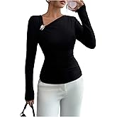 SweatyRocks Women's Long Sleeve Fitted Shirt Tops Asymmetrical Neck Ruched Basic Tees