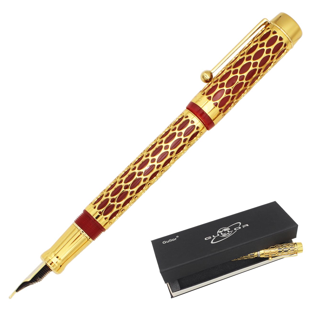 Gullor Openwork Gold Fountain Pen with Gift Box, Screw Cap, Red Barrel, Extra Fine Nib