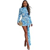 Suillty Women's Elegant Starfish Ribbon Printed Mesh Mini Dress Long Sleeve Short Dresses Bodycon for Beach Party Club