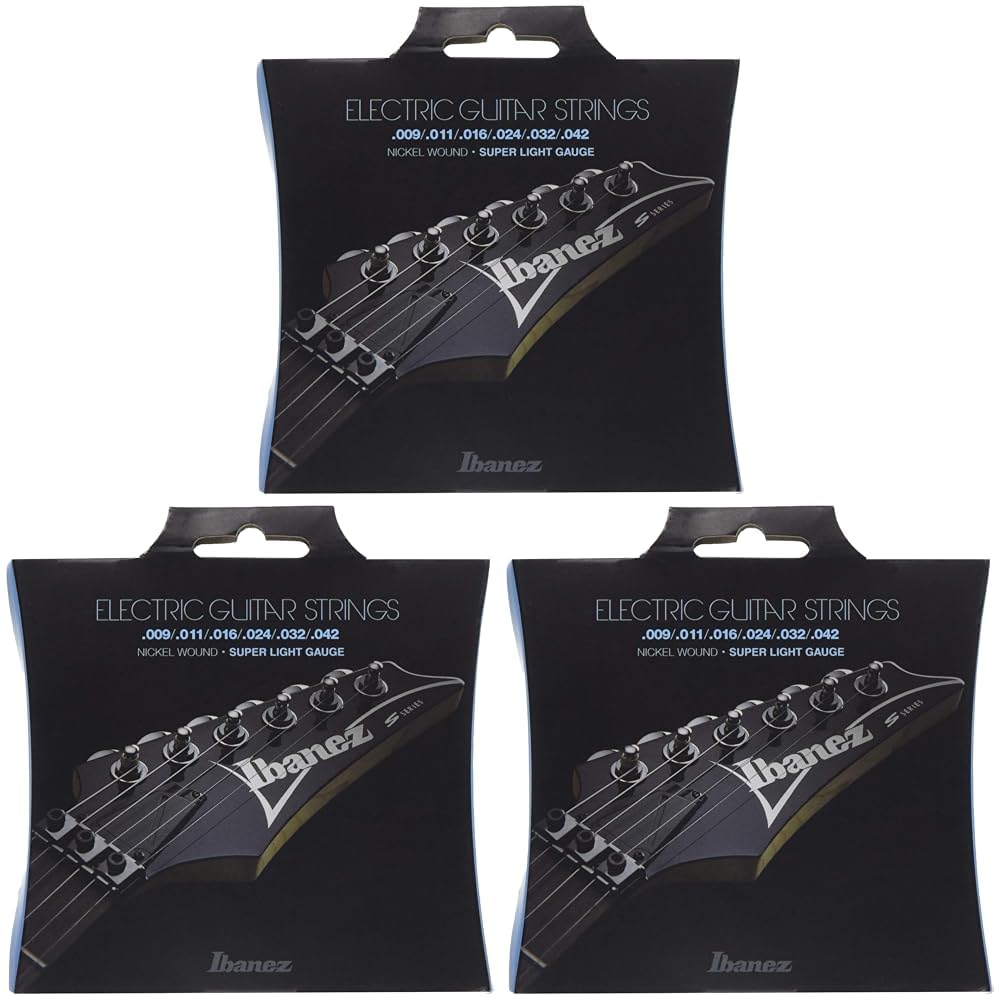 Ibanez IEGS6 Electric Guitars Strings - Super Light Gauge, Silver (Pack of 3)