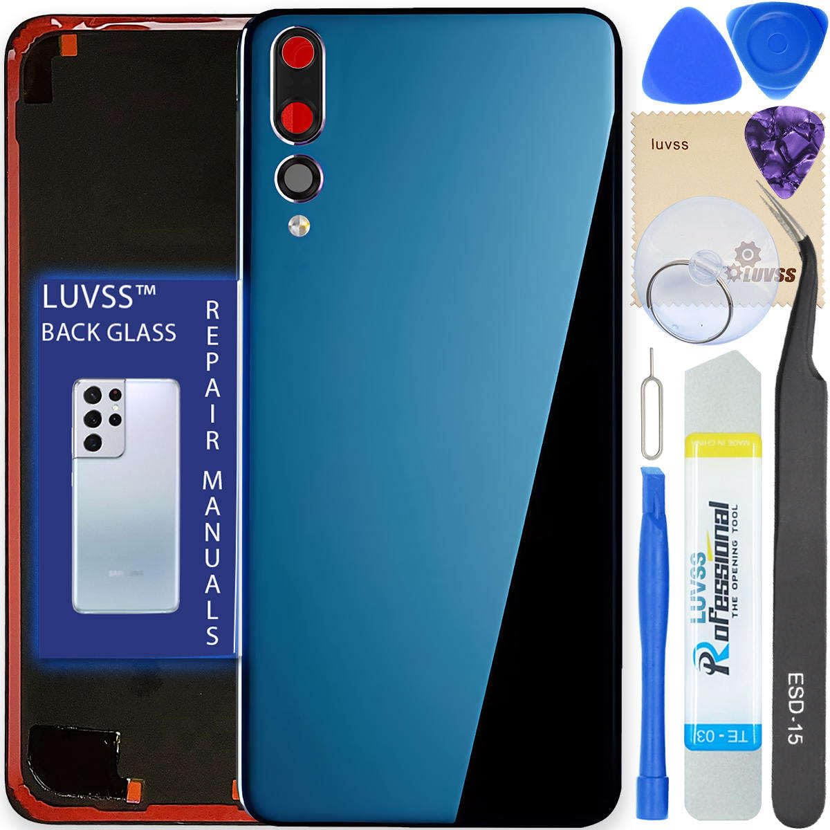 LUVSS Back Glass Cover Replacement Compitable for Huawei P20 Pro Rear Cover + Camera Lens + Repair Manual DIY Tools Kit (Blue)