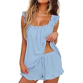 KFUBUO Womens Pajamas Set 2 Piece Ruffle Pj Soft Tank Top and Shorts Sleepwear Set Bridal Pajama for Women Set