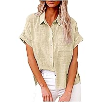 Ceboyel Women Cotton Linen Summer Shirts Collared Button