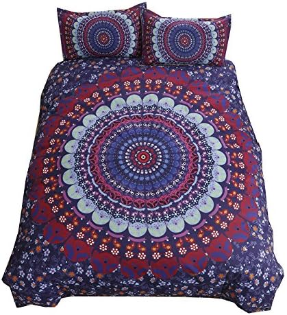 Cozzy Peacock Printed Mandala Hippie Bedding Set 3 pcs Boho Chic Exotic Reversible Duvet Cover and Pillowcase Queen Size Indigo &amp; Red