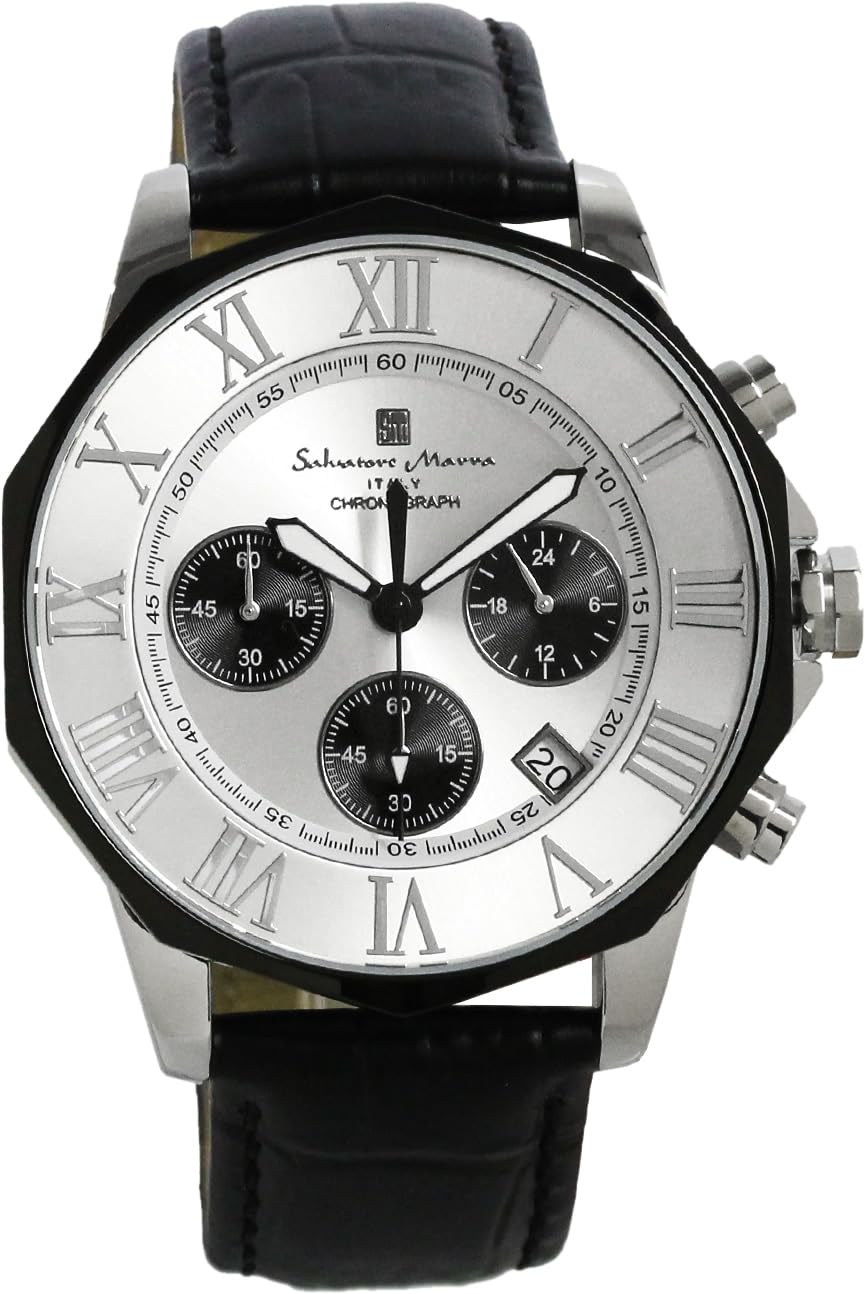 Salvatore Marra(サルバトーレマーラ) Salvatore Mara SM15104-SSWHBKLE Wristwatch, Chronograph, Water Resistant to 10 ATM, Business, Formal, Men's Leather Strap, Silver, White Black, Panda, white, Classic