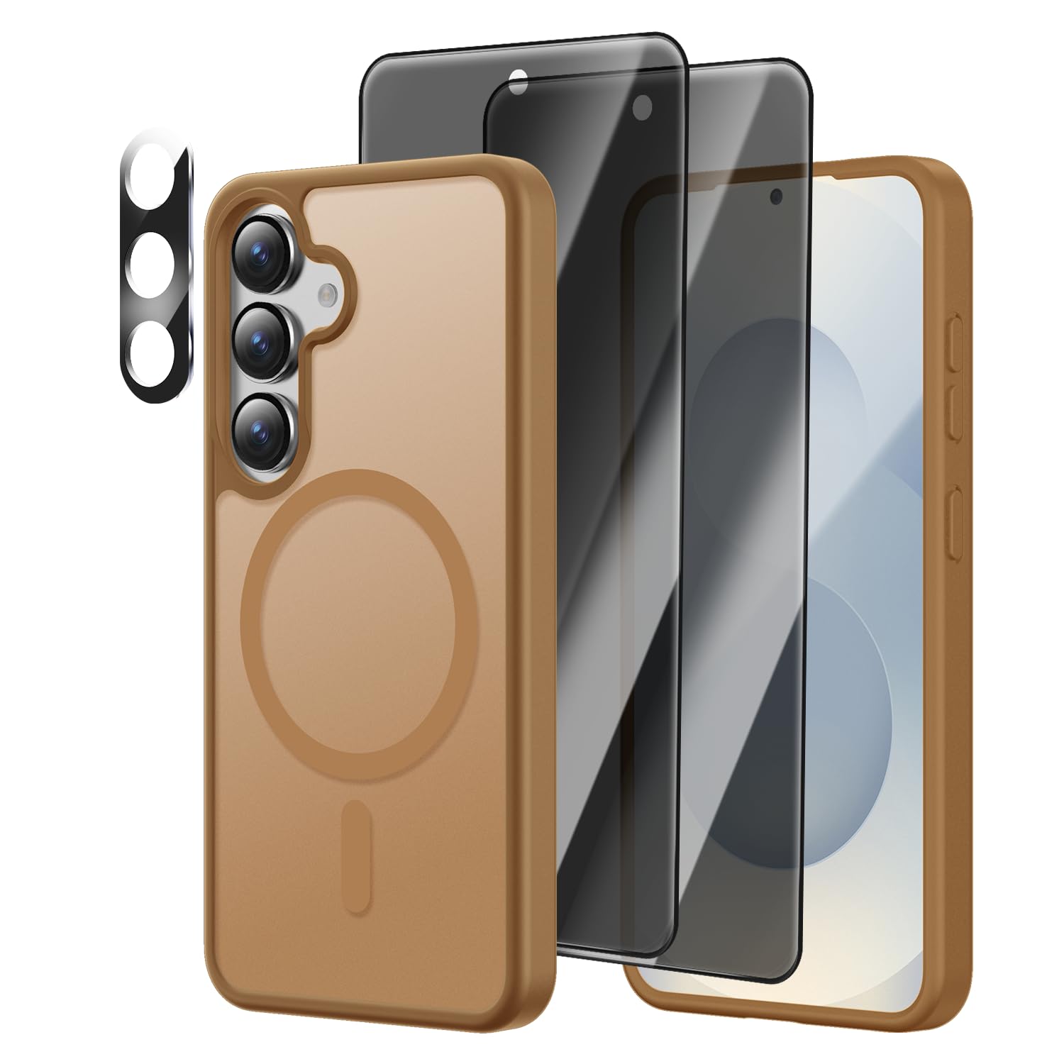 [4 in 1] Magnetic for Samsung Galaxy S25 Case, 2 Pics Privacy Screen Protectors and 1 Pic Camera Protector, Fit for MagSafe, Military Grade Shockproof Translucent Matte Galaxy S25 Cover 6.2“, Brown
