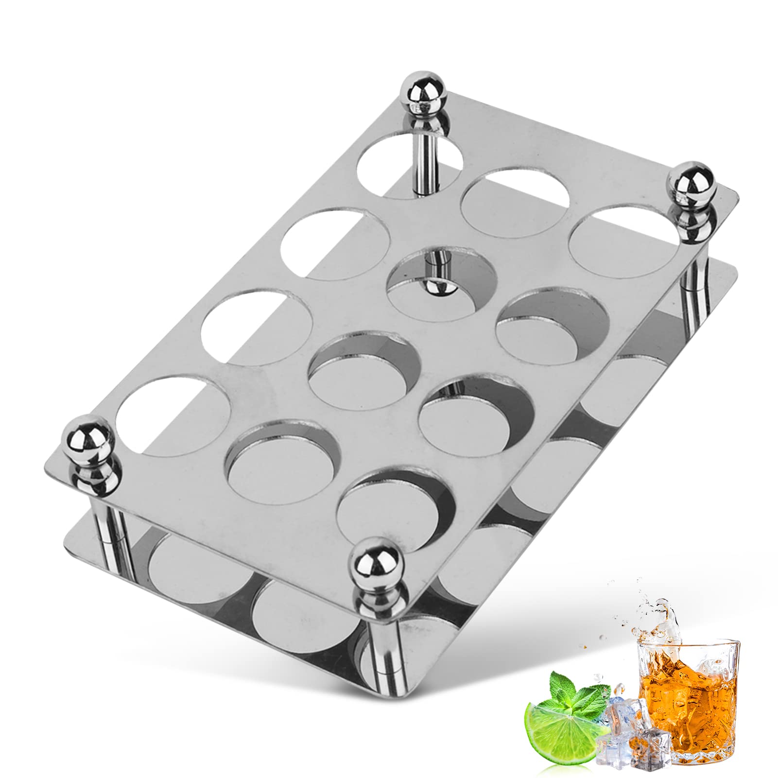 HERCHR 12 Shot Glass Serving Tray, Stainless Steel Cocktail Holder Shot Glass Rack Liquor Tray Drinks Serving Board Organizer for Liquor Shots Whisky Brandy Vodka Rum