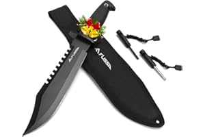 FLISSA Survival Hunting Knife with Sheath, 15-inch Full Tang Fixed Blade Tactical Bowie Knife with Sharpener & Fire Starter for Camping, Outdoor, Bushcraft