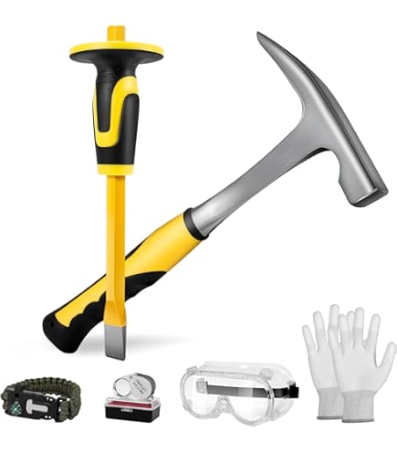 25 PCS Geology Rock Pick Equipment Kit, 28 Oz. Rock Pick Hammer With 12" Mason Chisel, Safety Glasses, Whistle, Jewelers Loupe, Tool Set For Hounding, Gold Mining & Prospecting, Stone Breaking