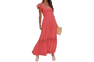 ZESICA Women's 2025 Summer Lace Strap Sleeveless Square Neck Smocked High Waist Ruffle Hollow Out Flowy A Line Maxi Dress