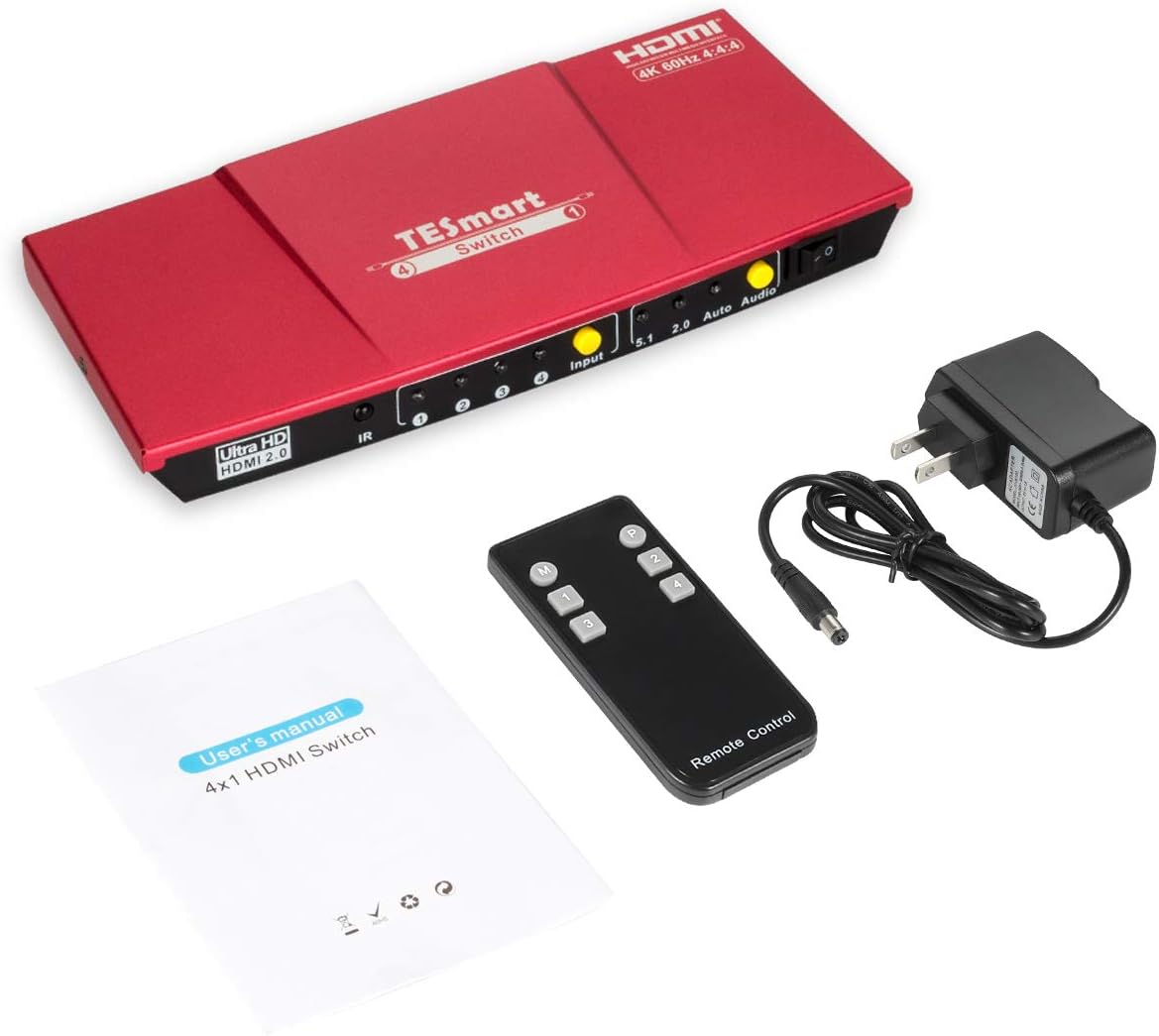 TESmart Ultra HD 4x1 HDMI 4K@60Hz 4:4:4 The Fast Switch 4Kx2K 4 Port HDMI Switch Box Selector 4x1 with S/PDIF and L/R Audio Output, IR Wireless Remote Control, HDMI Switch 4 in 1 Out (Red): Electronics